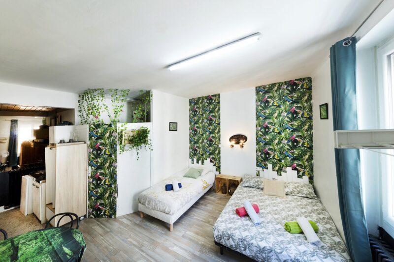 Studio Le Nature avec papier peint tropical, lit double et lit simple